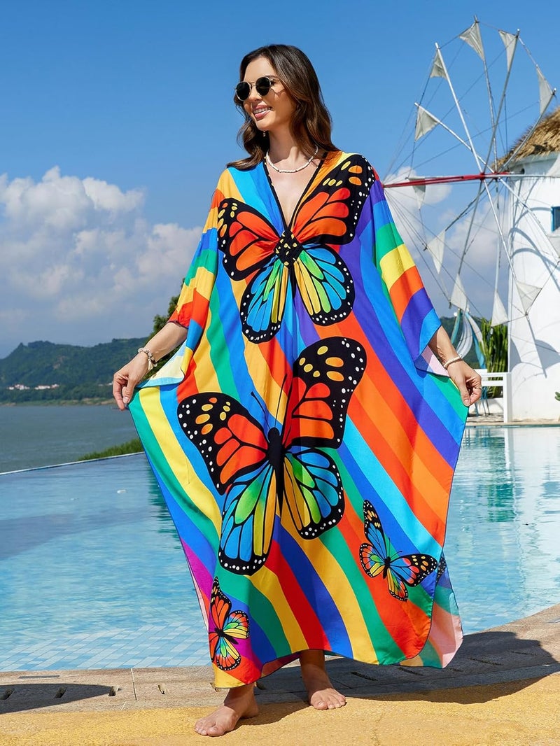 IMAGEKOPE Women's Plus Size Animal Print V-Neck Batwing Kaftan Beach Dress Bathing Suit Cover-Up Loungewear - Image 5